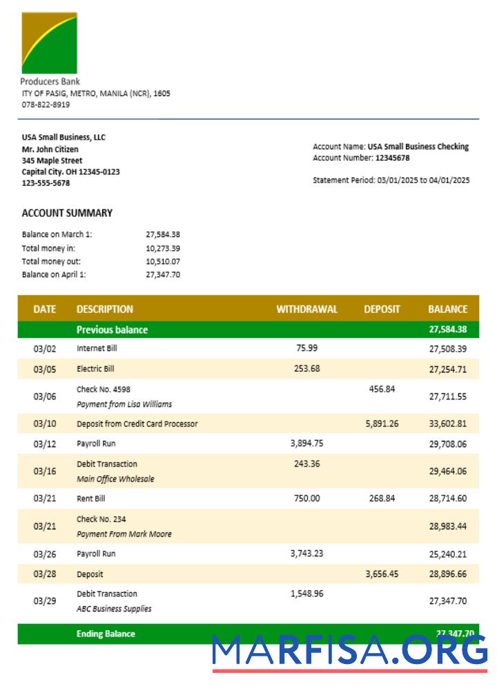 Blank Producers Bank business bank statement Word and PDF format download for verification